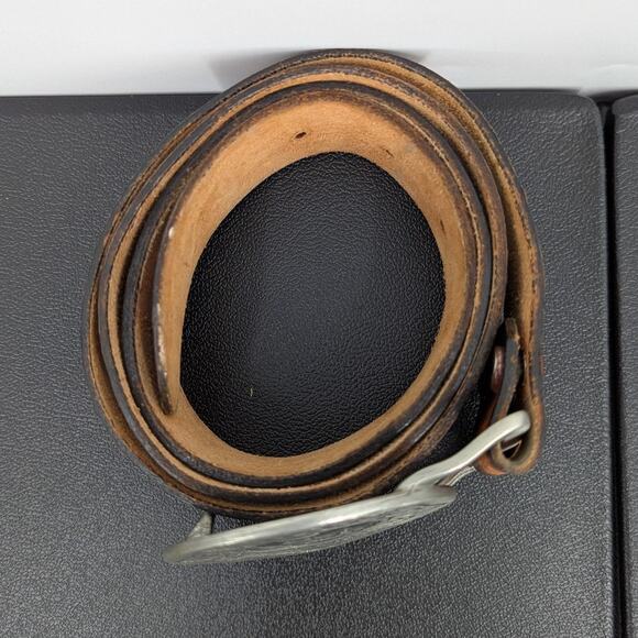 Vintage Lions International Pewter Buckle Tooled Leather Belt Size 36 - Picture 7 of 11